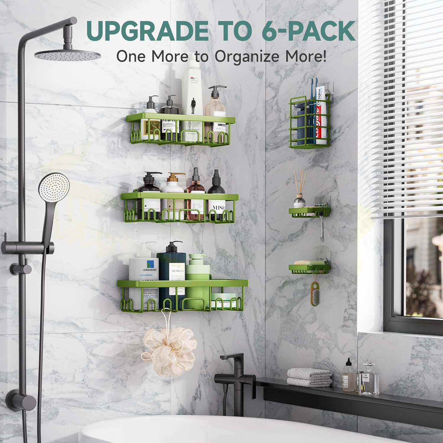 Veken Rustproof & Waterproof Shower Caddy 6-Pack, No Drilling Adhesive Shelves Rack with Soap