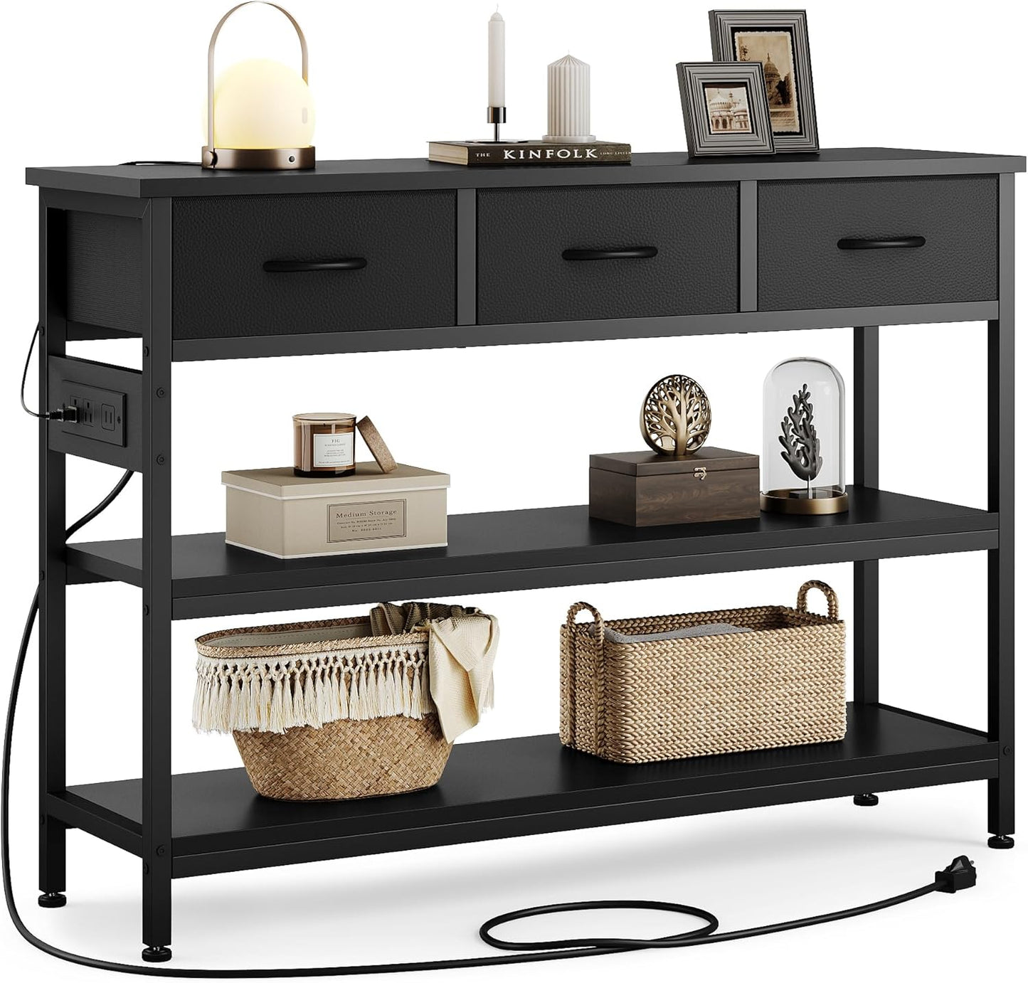 Lulive Entryway Table with Power Outlets, Console Table with 3 Fabric Drawers, Sofa Table for