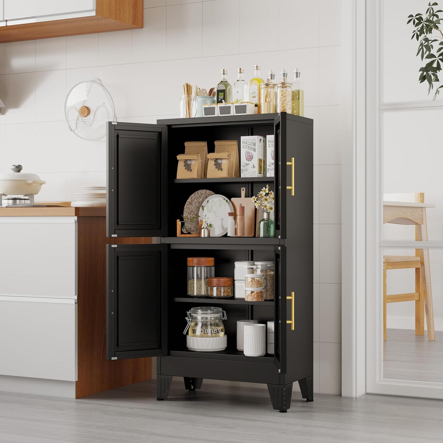 47.25" Metal Storage Cabinet, Black Kitchen Food Storage with 4 Door and 2 Adjustable Shelves
