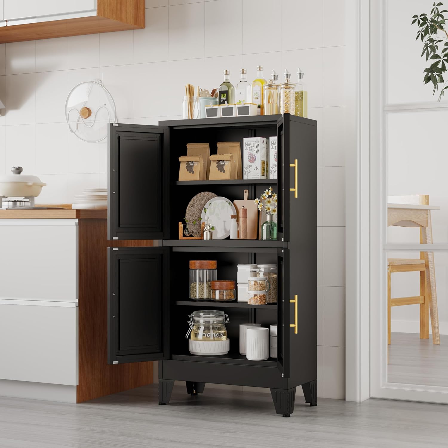 47.25" Metal Storage Cabinet, Black Kitchen Food Storage with 4 Door and 2 Adjustable Shelves