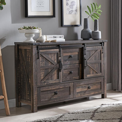 T4TREAM 48'' Farmhouse Dresser w/4 Drawers & 2 Sliding Barn Doors, Tall Chest of Drawers Organizer