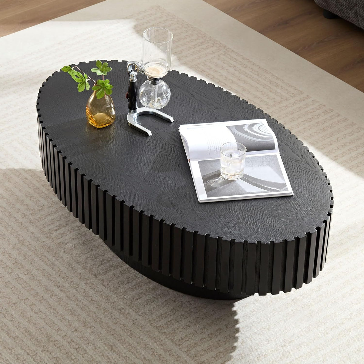Oval Coffee Table for Living Room, Modern Fluted Coffee Tables with Pedestal Base, Handcrafted