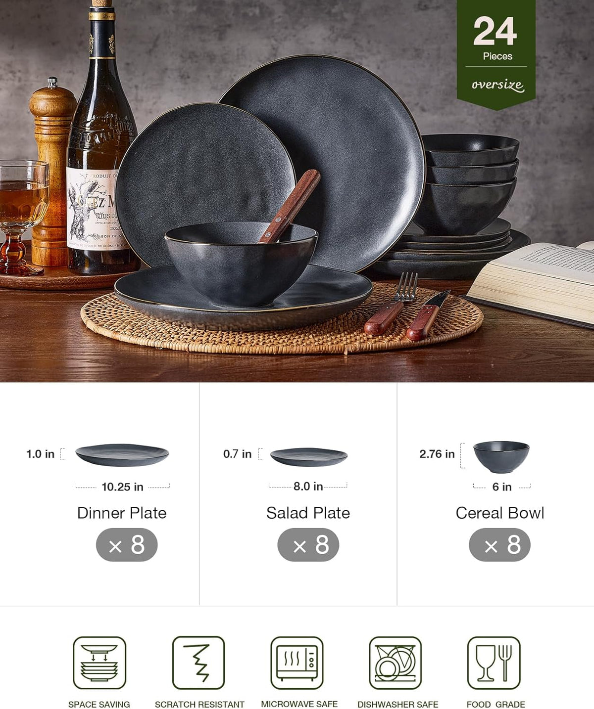 Famiware Dinnerware Sets for 8, Ocean Round 24-Piece Kitchen Plates and Bowls Sets, Microwave and