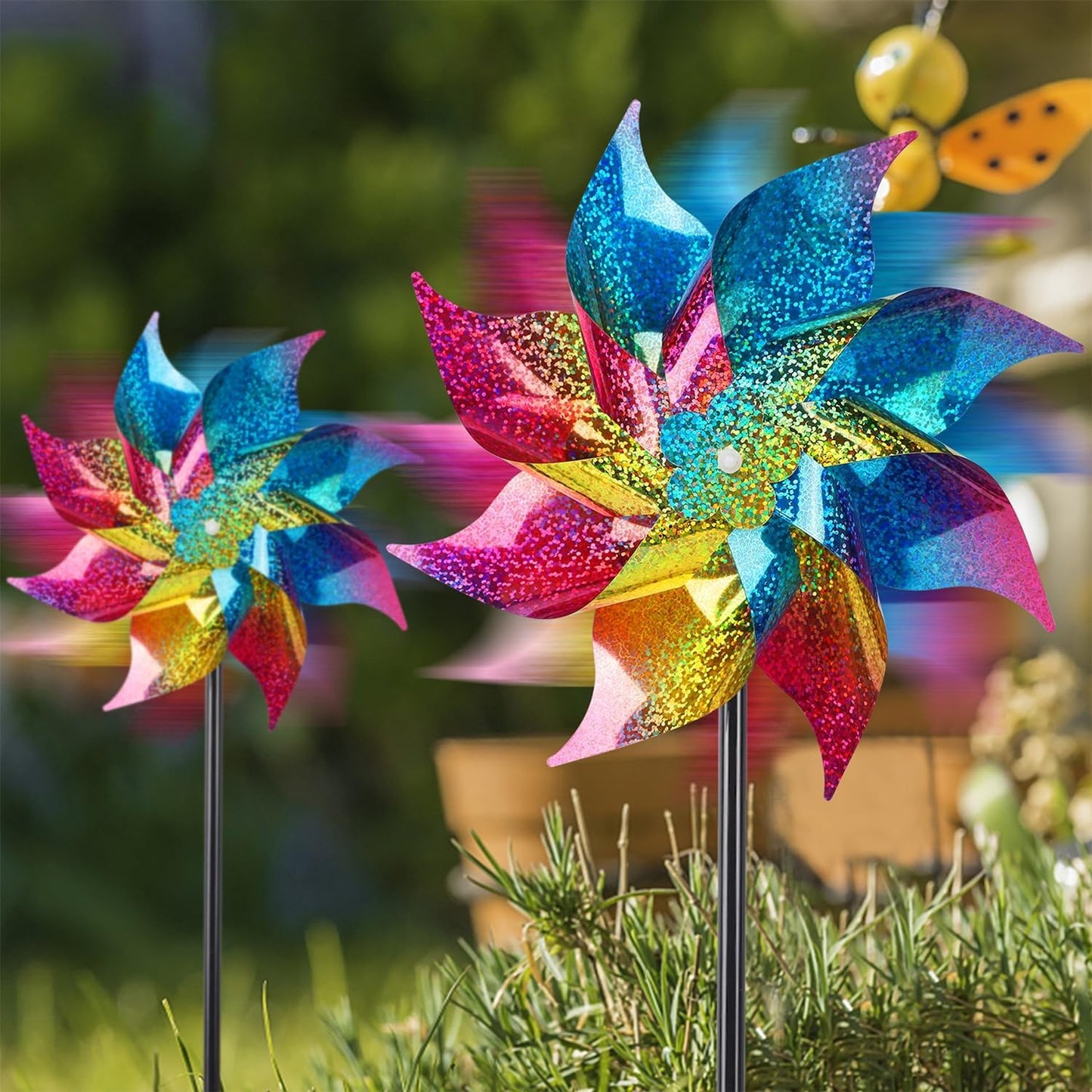 Hausse 10 Pack Reflective Pinwheels Wind Spinner, Extra Sparkly Rainbow Pinwheel with Stakes, Bird