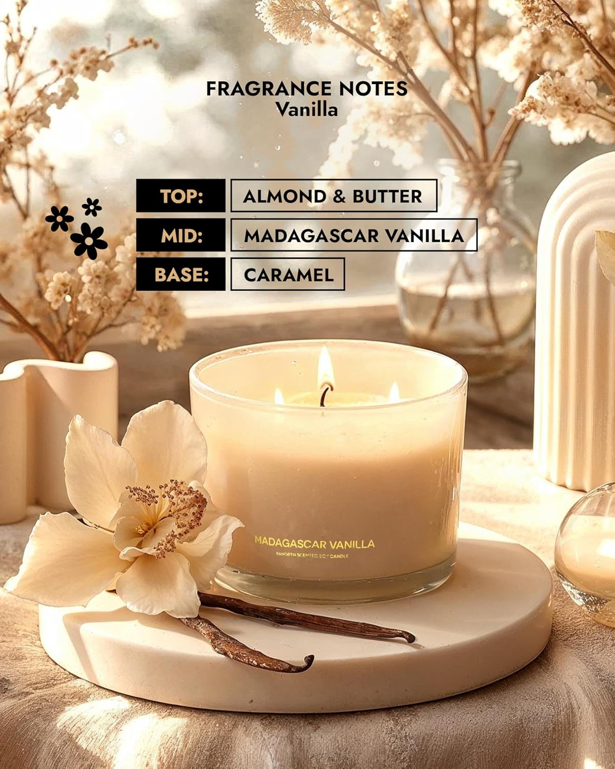 96NORTH Luxury Vanilla Soy Candles | Large 3 Wick Jar Candle | Up to 50 Hours Burning Time | 100%