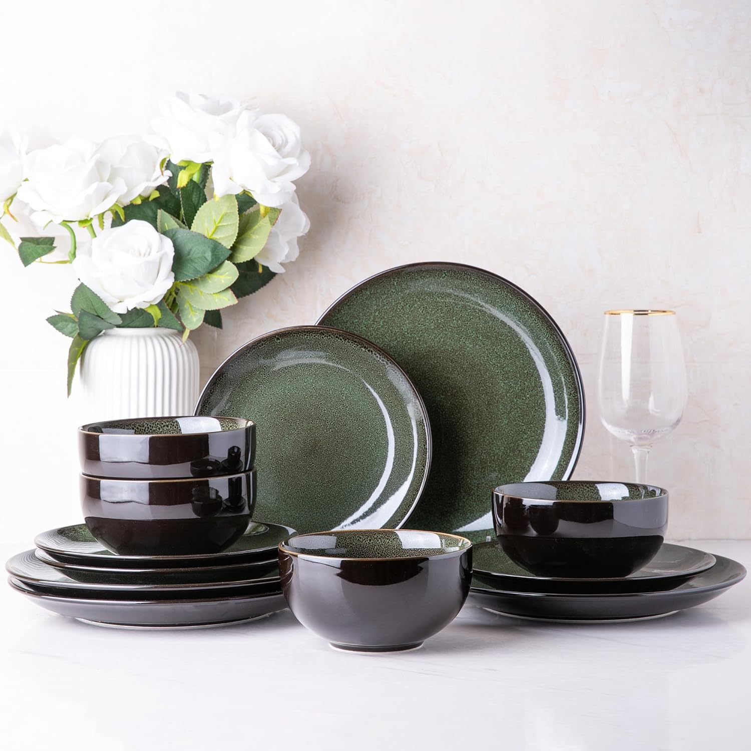 LERATIO Ceramic Dinnerware Sets for 4,Handcraft Stoneware Plates and Bowls Sets,Highly Chip and