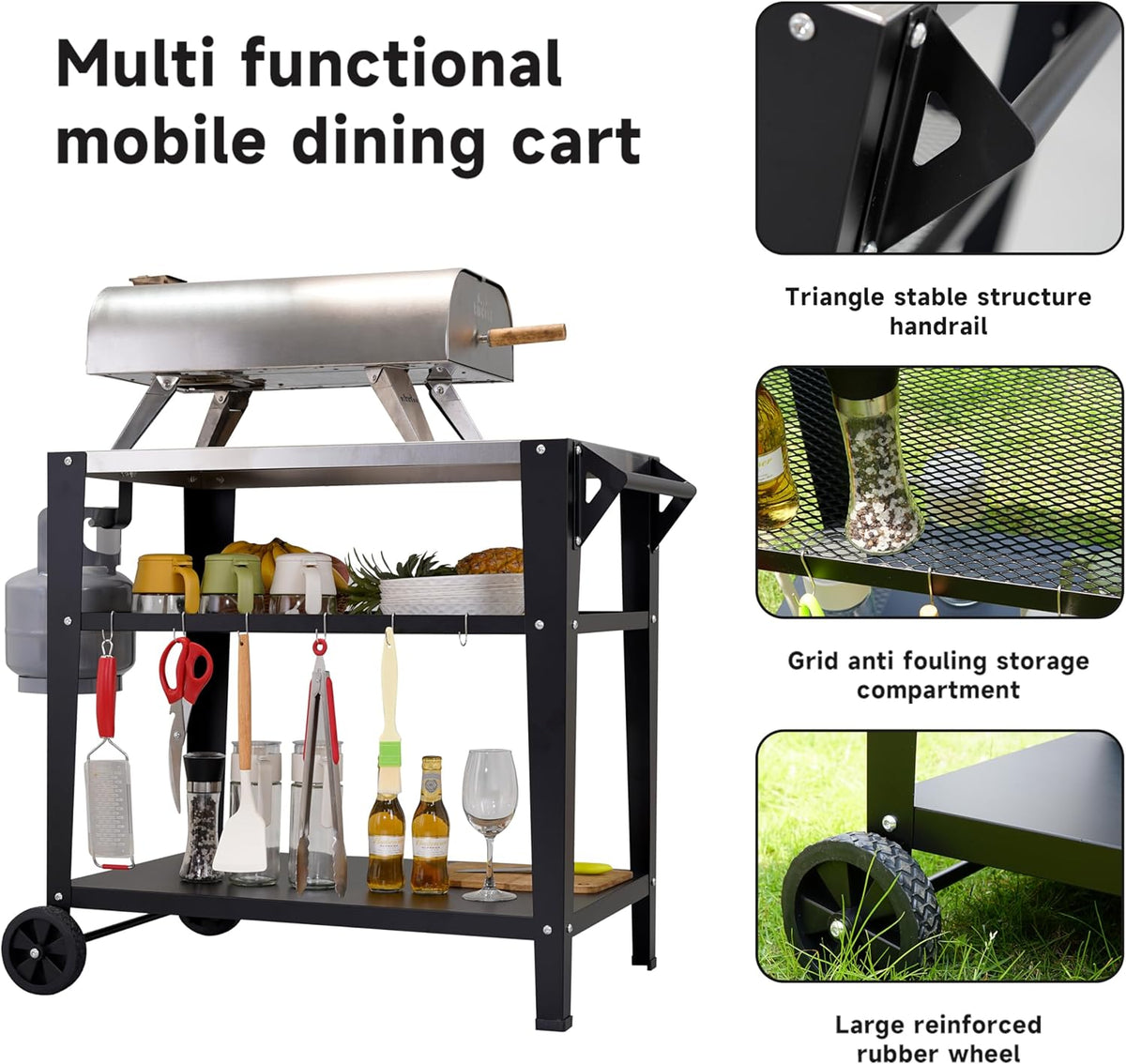 Stainless Steel Outdoor Grill Cart with Wheels, Heavy-Duty 3-Tier BBQ Prep Table for Pizza Oven