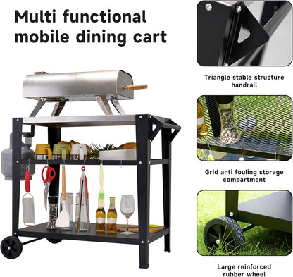 Stainless Steel Outdoor Grill Cart with Wheels, Heavy-Duty 3-Tier BBQ Prep Table for Pizza Oven