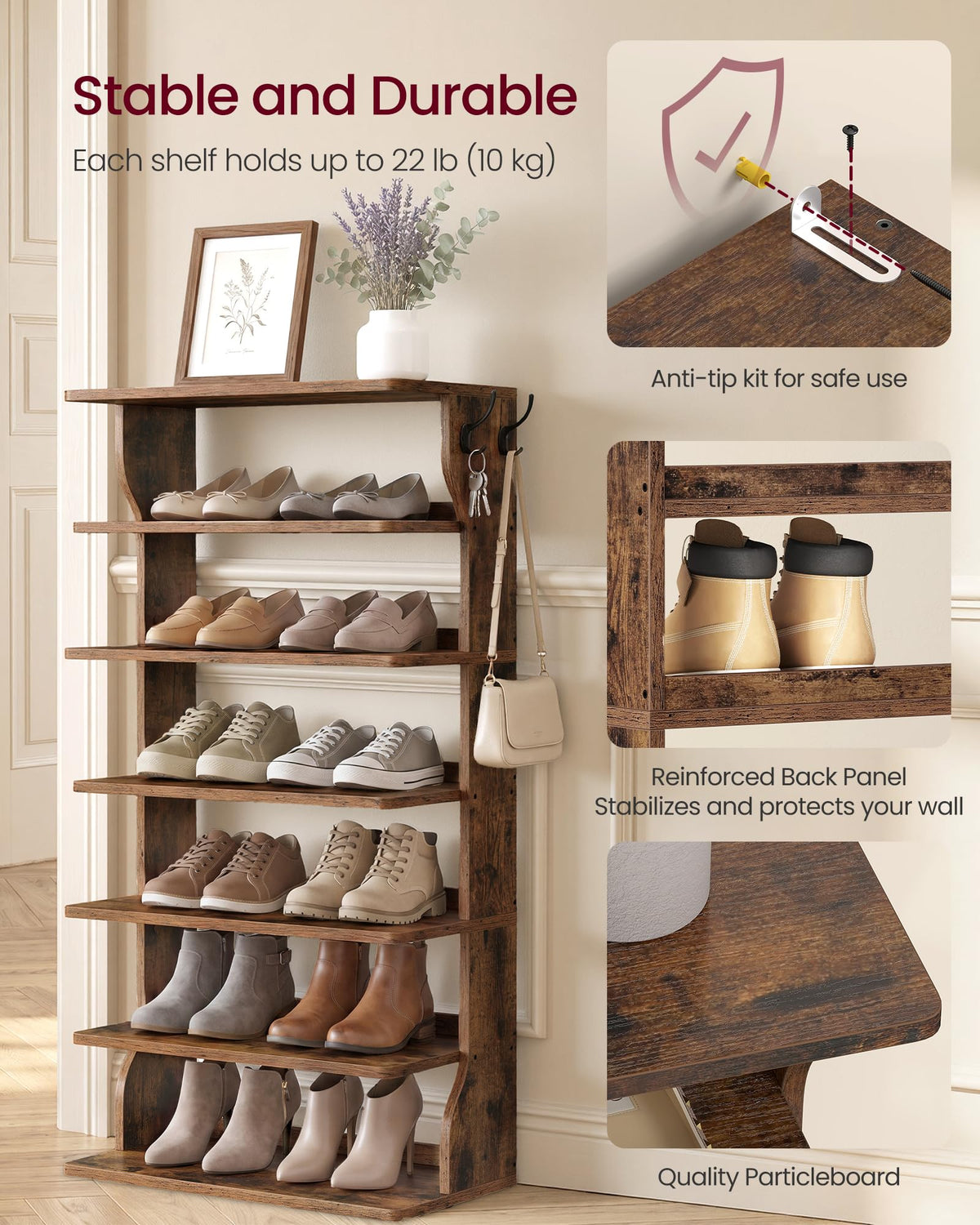 VASAGLE 7-Tier Vertical Shoe Rack, Narrow Shoe Storage Organizer with Hooks