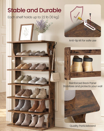 VASAGLE 7-Tier Vertical Shoe Rack, Narrow Shoe Storage Organizer with Hooks