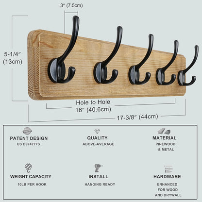 Dseap Coat Rack Wall: Patented, Heavy-duty, 17.4" Long 5-double-hooks Wooden Wall Mounted Coat Rack