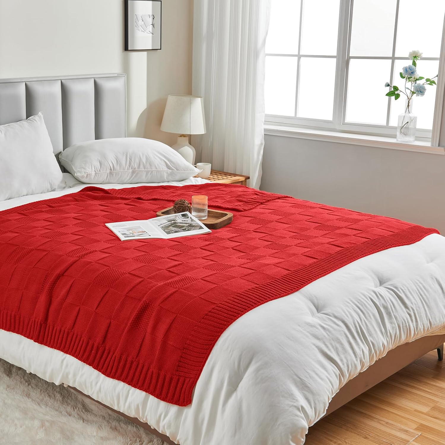 CozeCube Knit Throw Blanket,Christmas Red Checkered Bedroom Blanket for Couch,Soft Cozy Warm