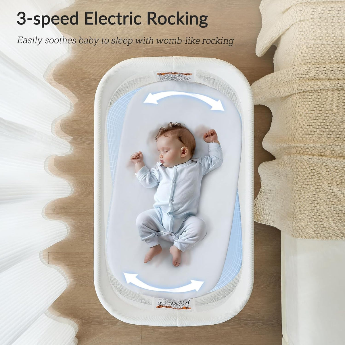 Electric Bassinet for Baby 3 Rocking Speeds, Auto Bedside Sleeper with 8 Soothing Music, Rocking