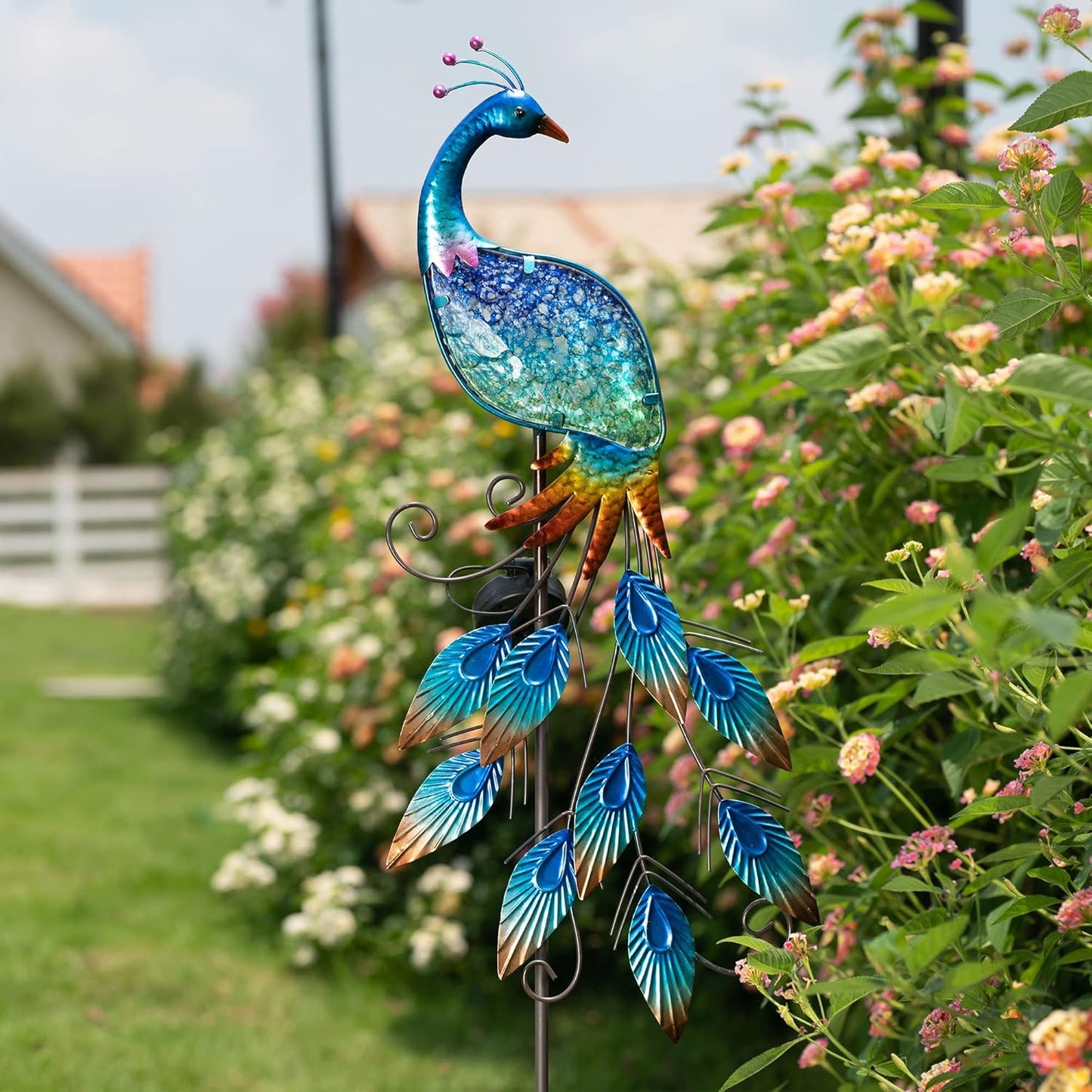 TERESA'S COLLECTIONS Garden Decor Blue Peacock with Solar Outdoor Lights, 40" Glass Yard Art for
