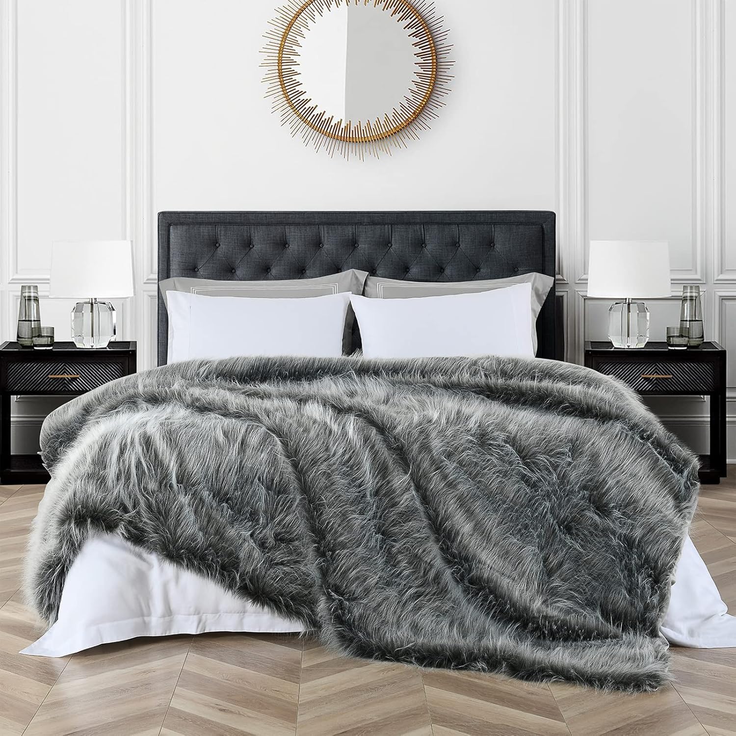 Luxury Faux Fur Blanket Queen Size, Ultra Big Grey and Black High Pile Mixed Faux Fur Throw