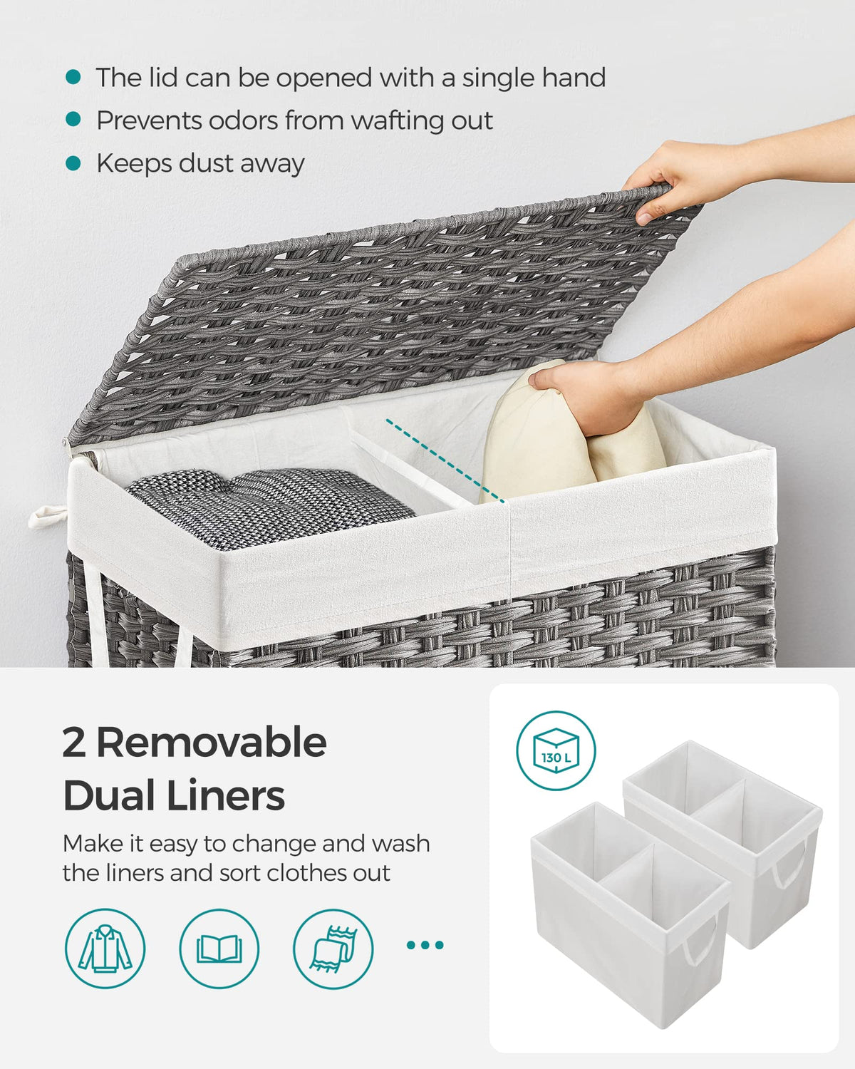 SONGMICS Laundry Hamper with Lid, 130L Wicker Laundry Basket