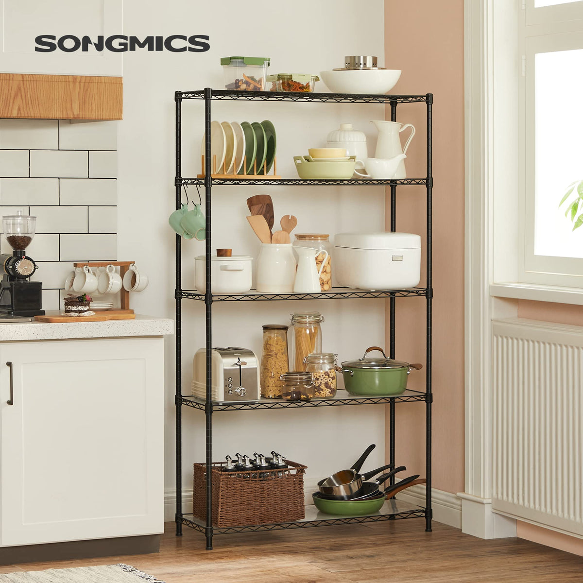 SONGMICS 5-Tier Storage Shelves, Wire Shelving Unit, Kitchen Metal Shelves, Storage Rack with