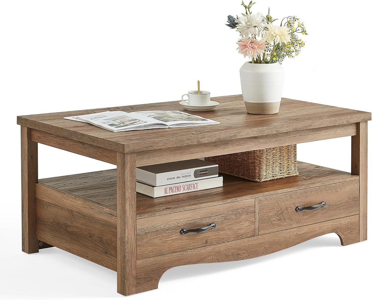 LINSY HOME Farmhouse Coffee Table with Storage, Wood Coffee Table for Living Room, Open Display