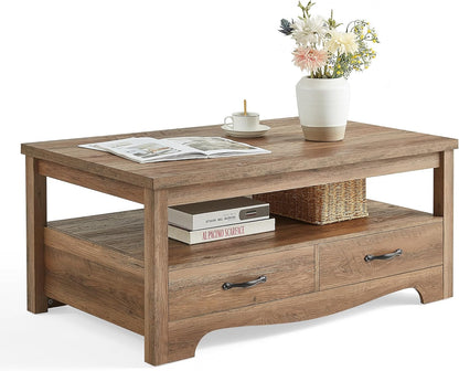 LINSY HOME Farmhouse Coffee Table with Storage, Wood Coffee Table for Living Room, Open Display