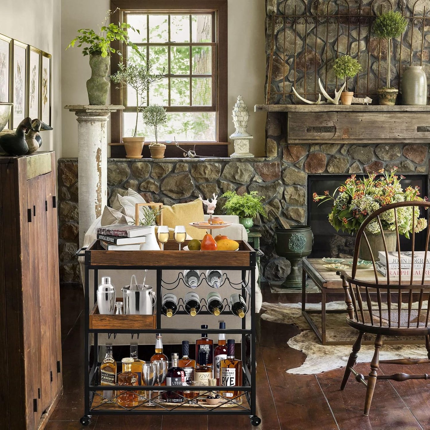 Bar Cart Industrial Kitchen Serving Carts for Home 3 Tier Storage Trolley with Wine Rack Glasses