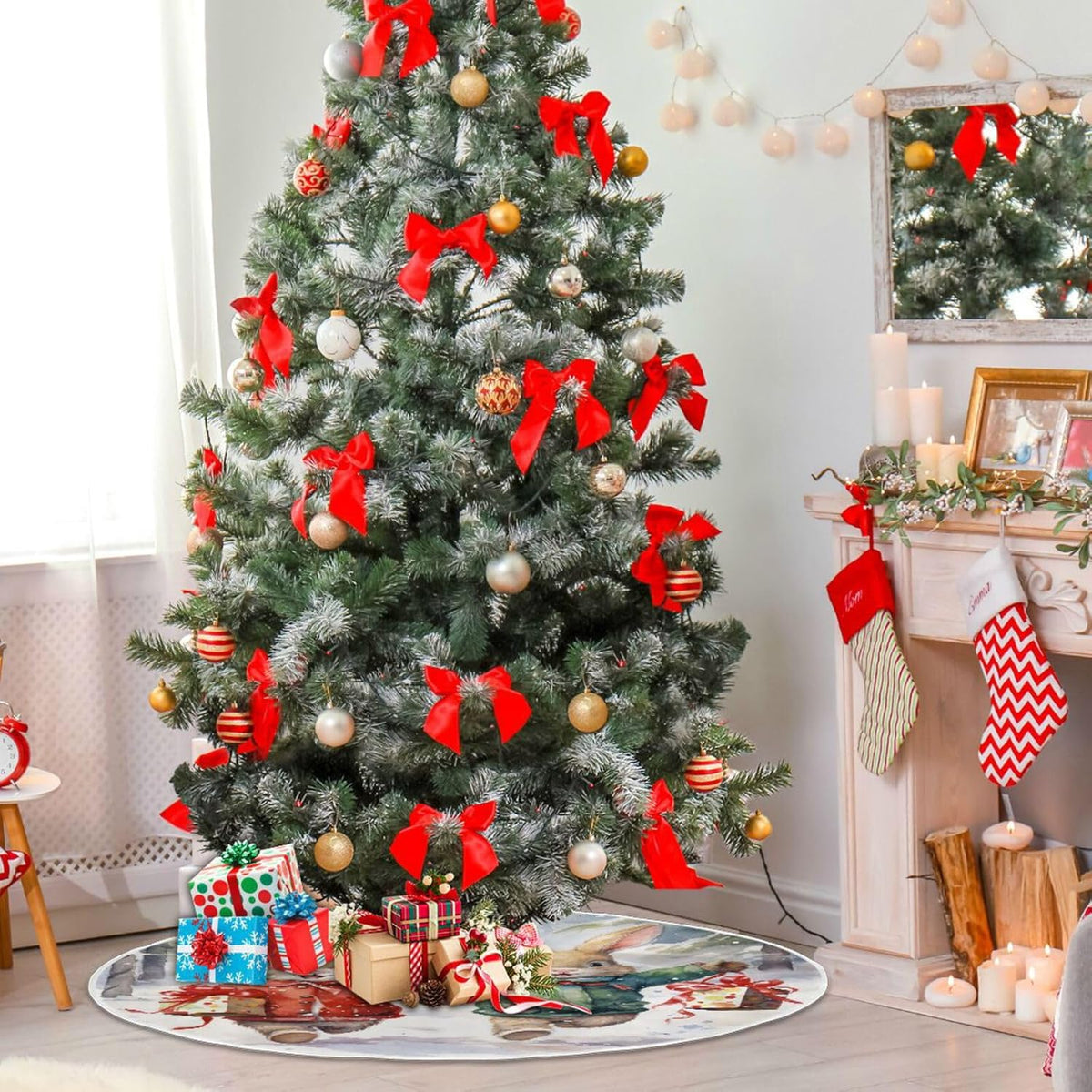 Christmas Tree Skirt - 48 Inch Rabbit Xmas Tree Mat for New Year Party Decorations