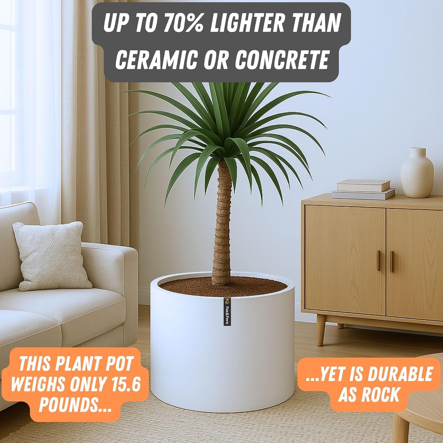 Fox & Fern 18.7 Inch Extra Large Planter — Premium Lightweight Fiberstone Matte White Plant Pot