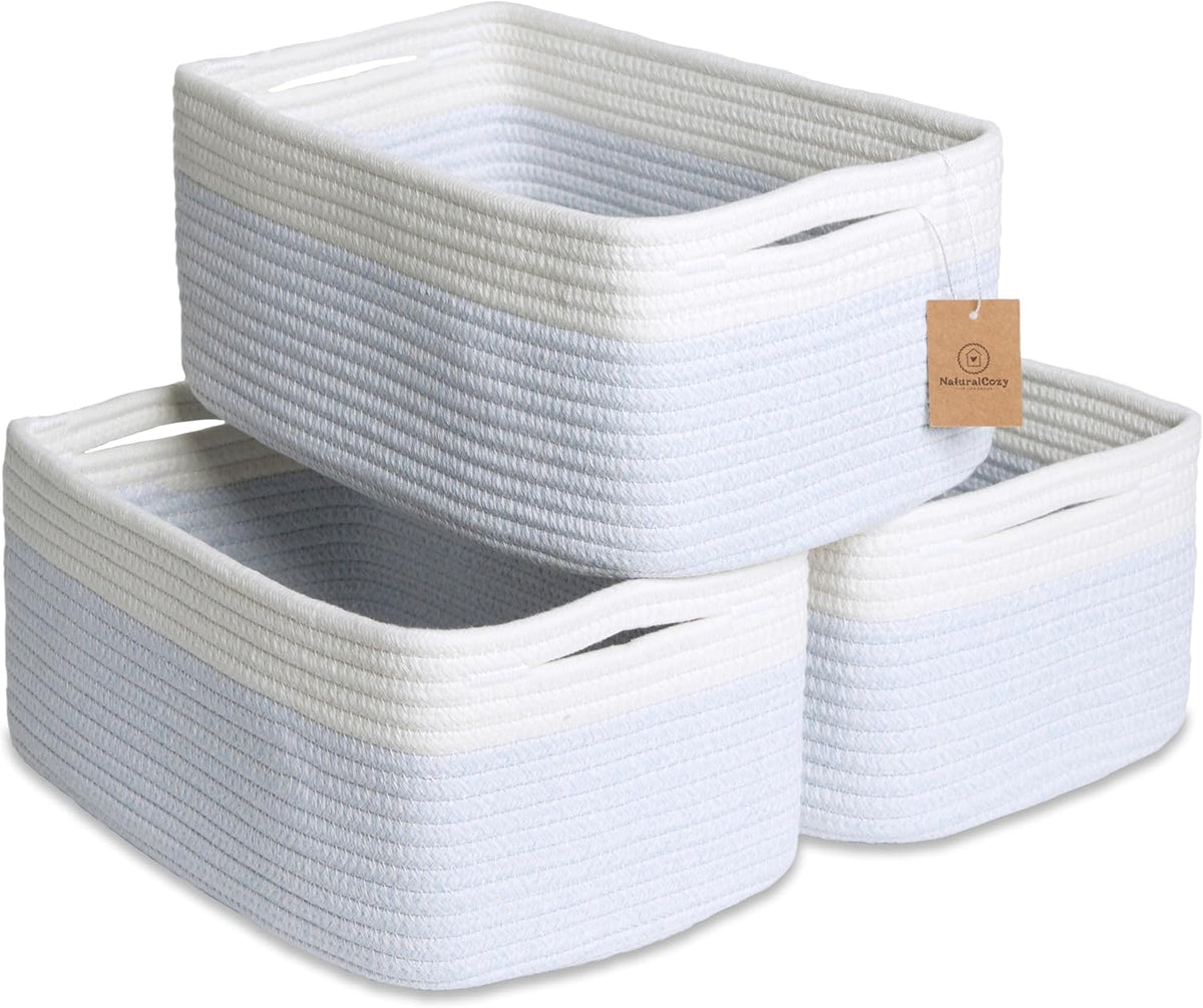 NaturalCozy 13.5”x8.5”x5.5” Rectangle Storage Baskets for Shelves 3 Pack | Cotton Rope Woven Small