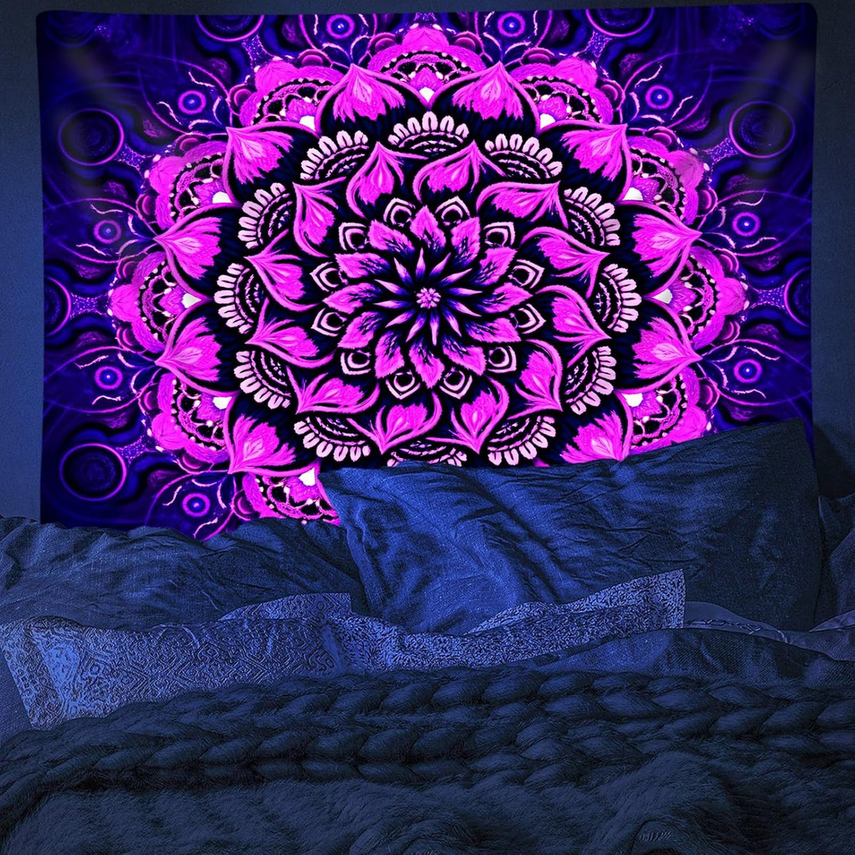 Psyhilar Blacklight Mandala Tapestry Wall Hanging, Psychedelic Flower Black Light Posters for