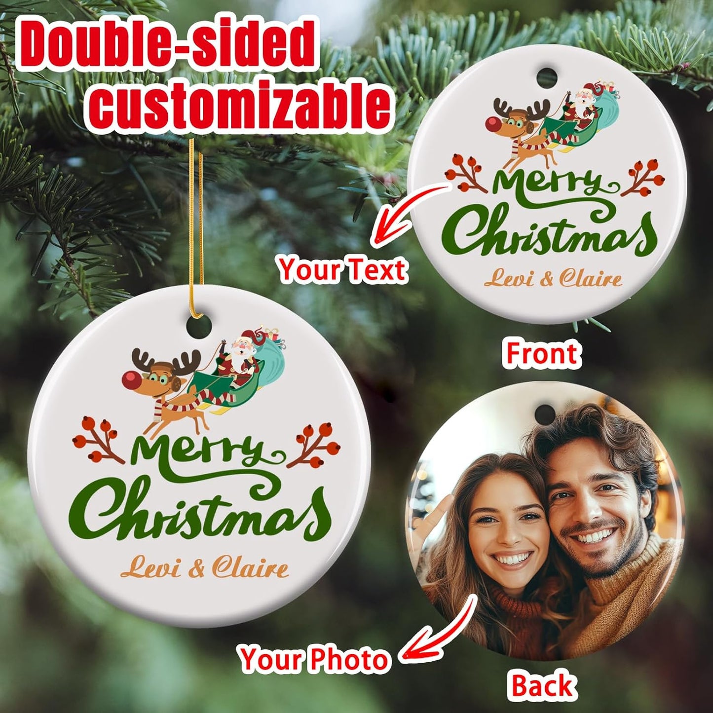 Personalized Christmas Ornaments 2025 - Custom Double-Sided Photo Ceramic Xmas Tree Hanging Decor