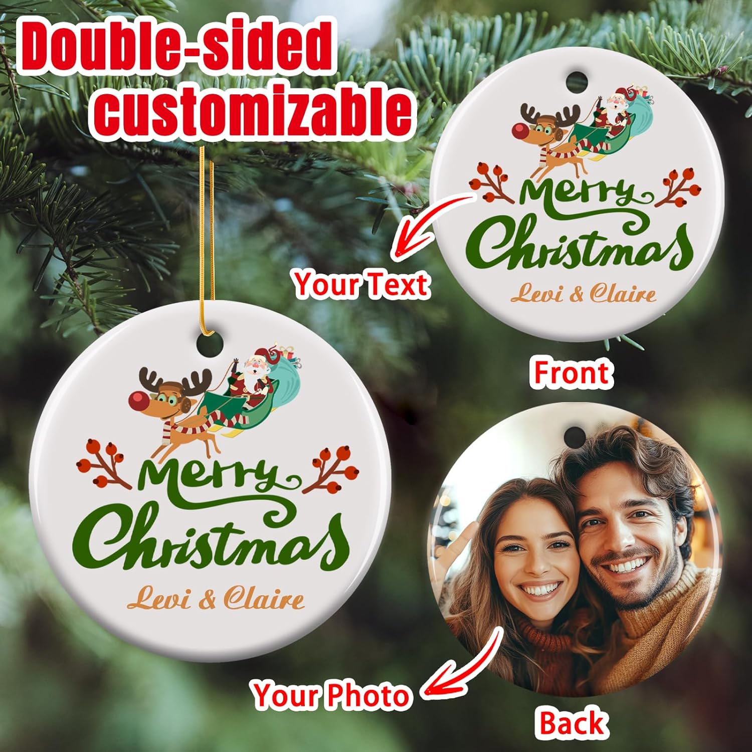 Personalized Christmas Ornaments 2025 - Custom Double-Sided Photo Ceramic Xmas Tree Hanging Decor