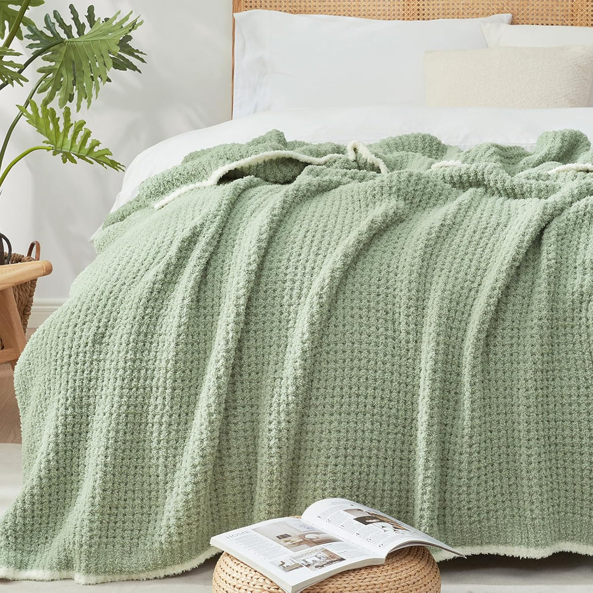 Snuggle Sac Ultra Soft Waffle Throw Blanket for Couch Bed Sofa 50x60 inches, Reversible Sage Green