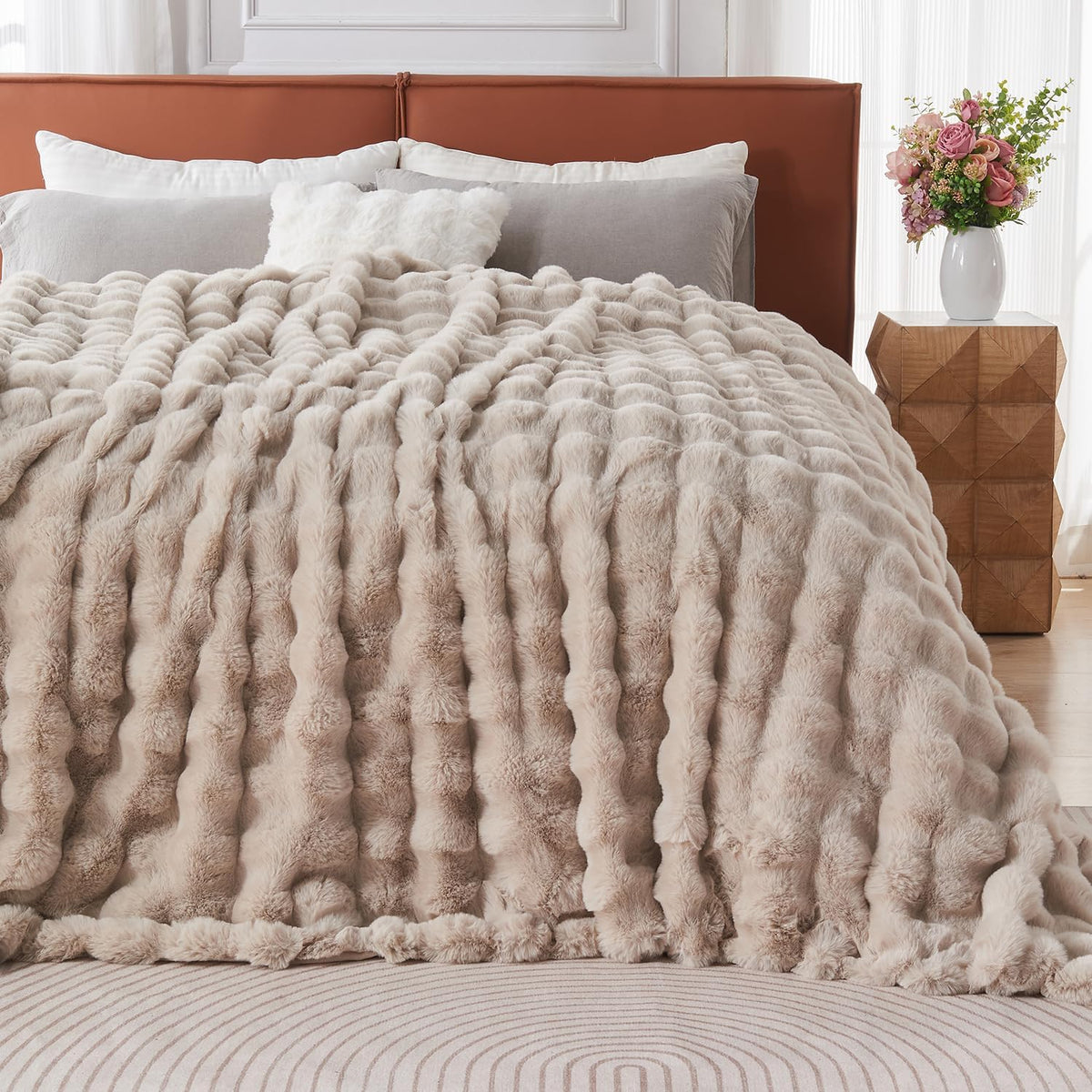 Lotus Karen Faux Fur Throw Blanket Linen - 800 GSM Bubble Rabbit Fluff Blanket for Couch Bed