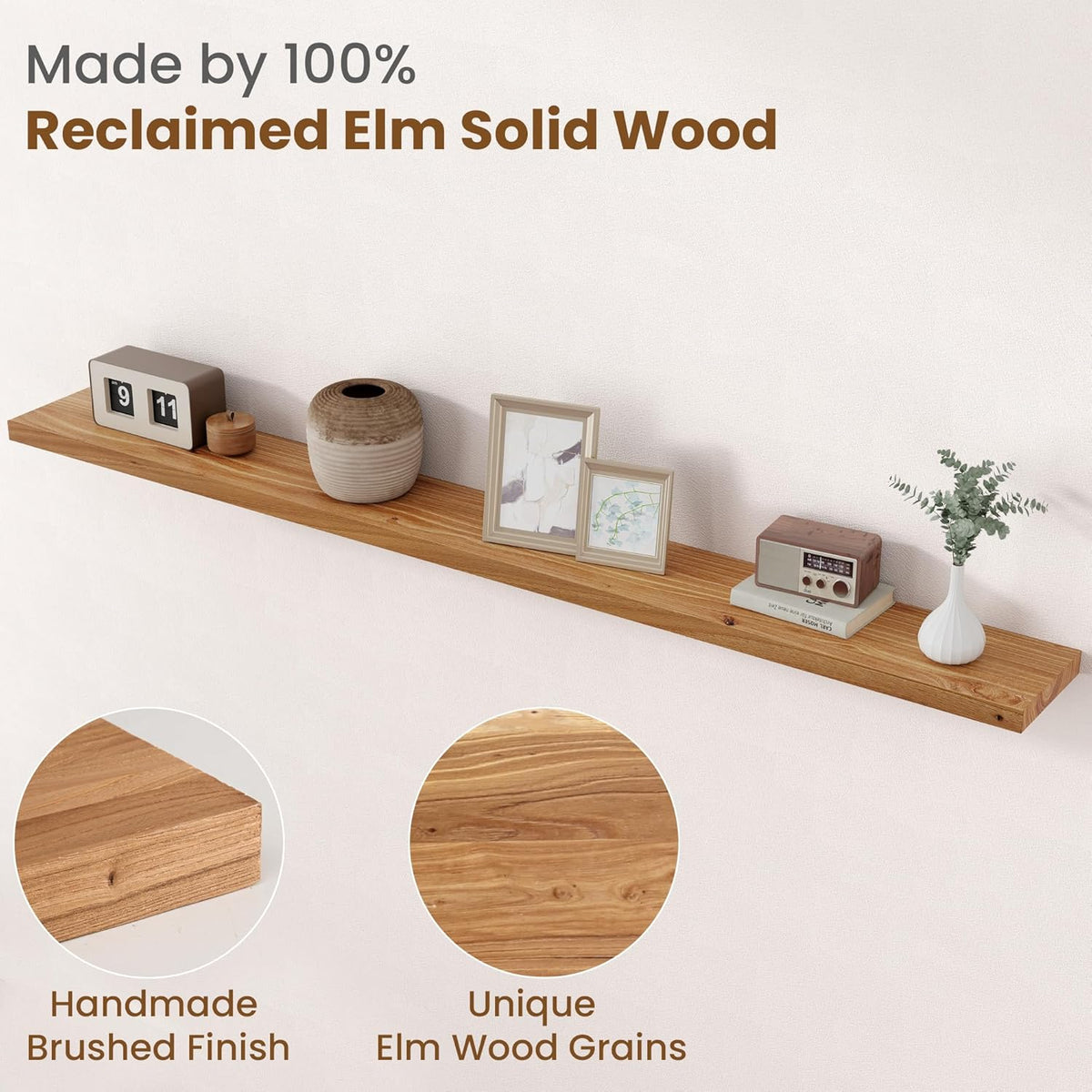 Floating Shelves for Wall Decor, 8" Deep Rustic Solid Elm Wood Floating Shelves Wall Mounted, Wall