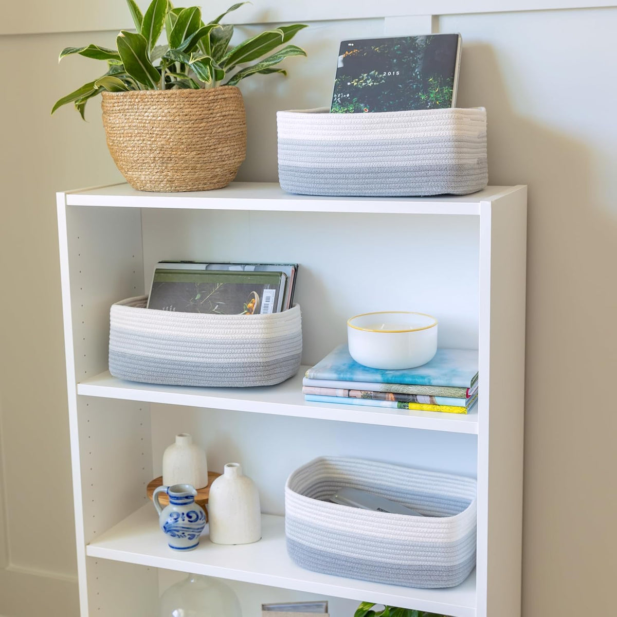NaturalCozy 13.5”x8.5”x5.5” Rectangle Storage Baskets for Shelves 3 Pack | Cotton Rope Woven Small