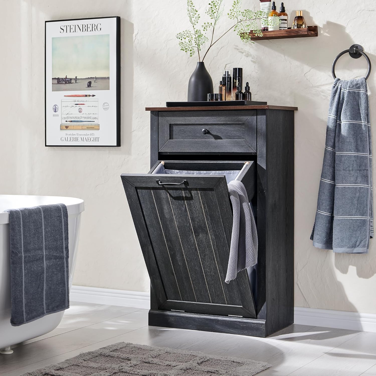 Tilt Out Laundry Hamper Cabinet, 10 Gallon Farmhouse Trash Can Cabinet with Drawer, Hidden Wood