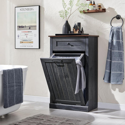 Tilt Out Laundry Hamper Cabinet, 10 Gallon Farmhouse Trash Can Cabinet with Drawer, Hidden Wood