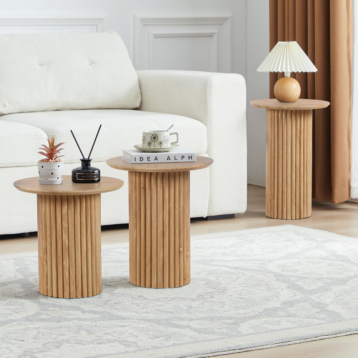Round Nesting Coffee Table Set of 3,Mid Century Modern Fluted Coffee and End Table Set,Small Circle