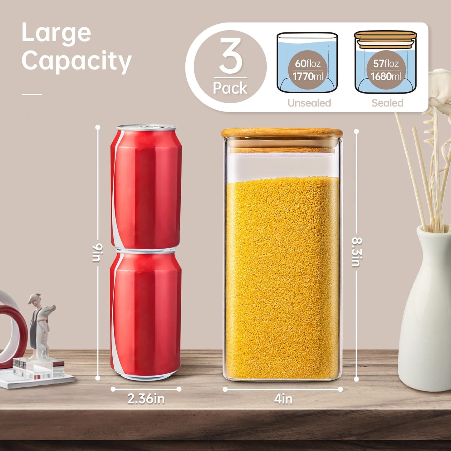 57oz - 3 Pack Square Glass Jars with Bamboo Lids, Glass Food Storage Containers with Airtight Lids