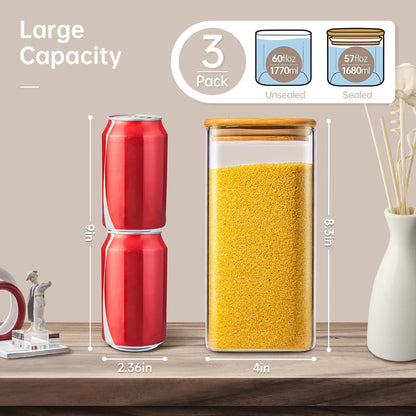 57oz - 3 Pack Square Glass Jars with Bamboo Lids, Glass Food Storage Containers with Airtight Lids