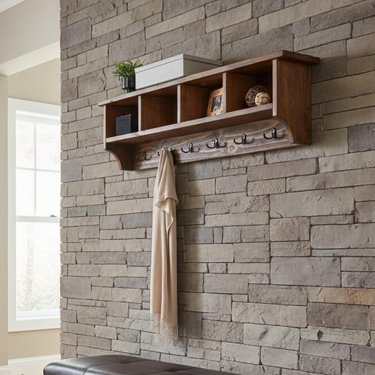 Pomona Solid Wood Entryway Coat Rack with Cubbies, Rustic Brown, 48 Inch