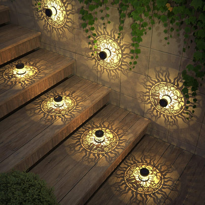 2 Pack Solar Fence Lights Metal Solar Powered Outdoor Wall Deck Lights Sun Moon Theme Waterproof