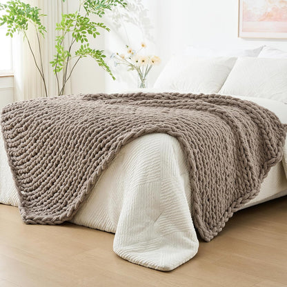 Bigacogo Chunky Knit Throw Blanket for Couch, 80x90 inches, 100% Hand Knitted with Thick Jumbo