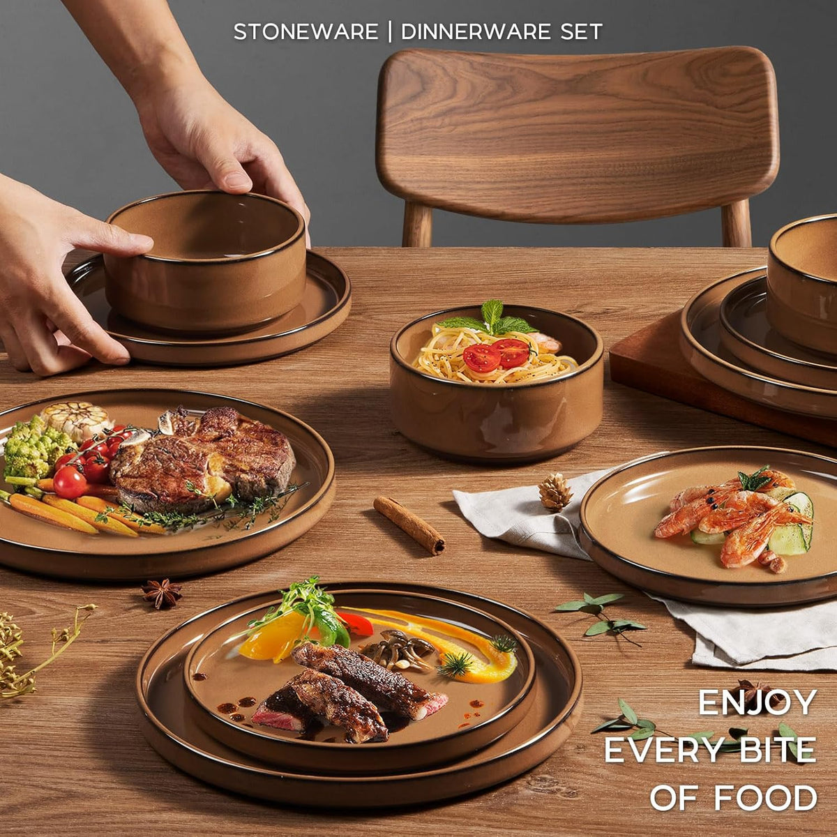 Onader Stoneware Dinnerware Sets for 4, Plates and Bowls with Unglazed Terracotta Bottom, Elegant