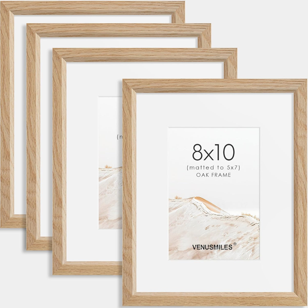 8x10 Picture Frame Set of 4 Natural Solid Oak Photo Frames with 5x7 Removable Mat Wall Hanging