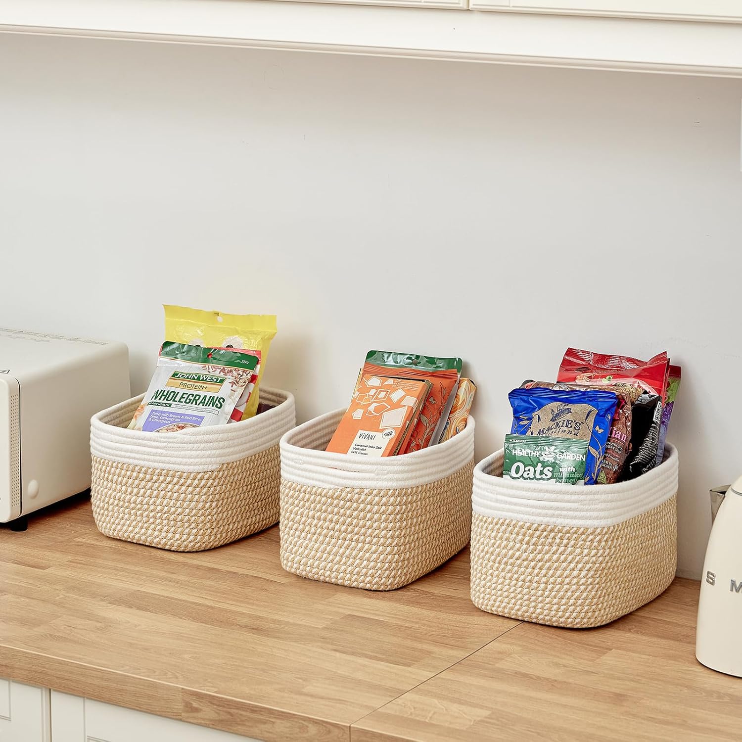 Small Cotton Rope Storage Basket Set of 3-11"x7"x7" Perfect Woven Baskets for Storage, Ideal
