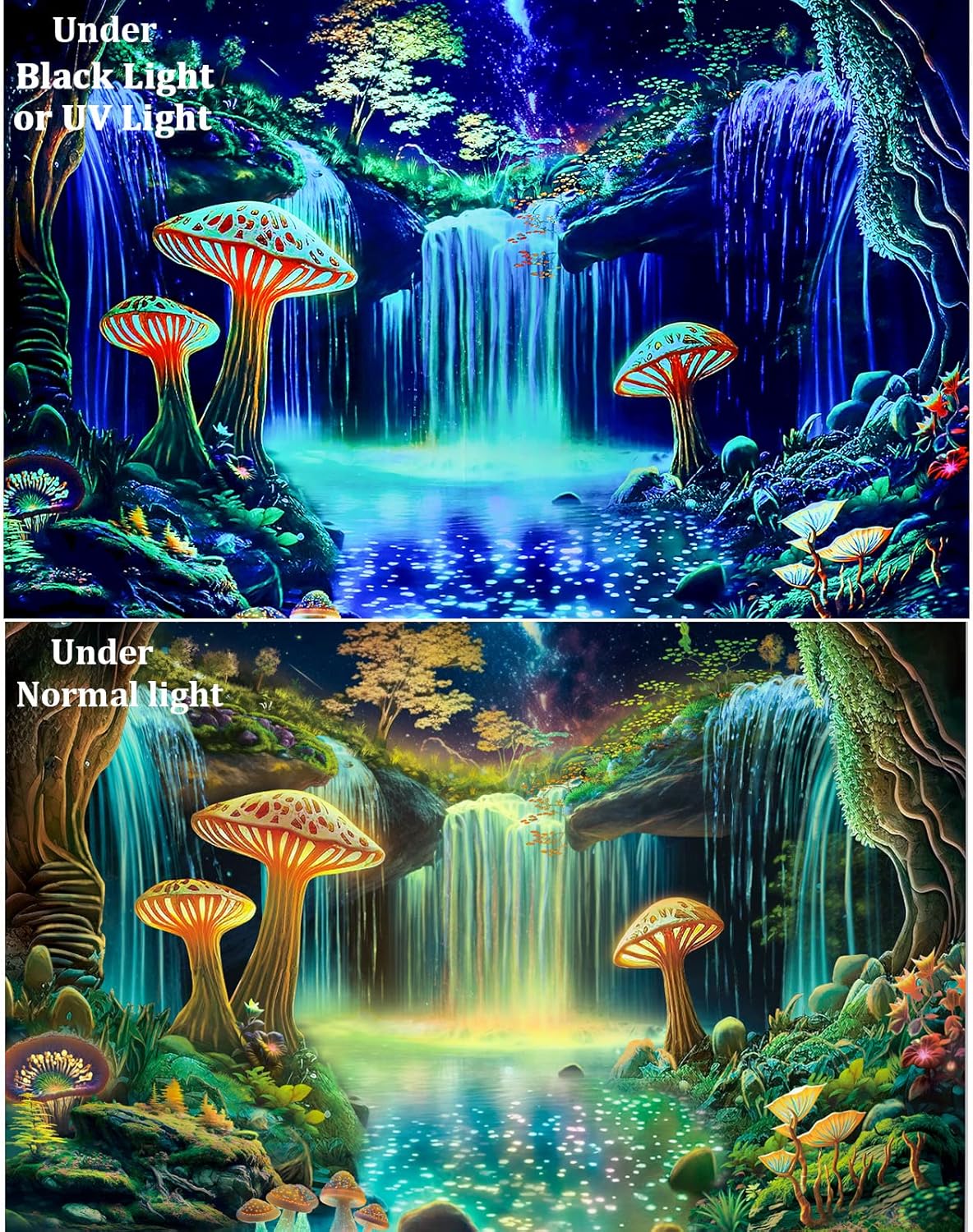 Ameyahud Blacklight Fantasy Forest Tapestry UV Reactive Waterfall Tapestries Starry Sky Tapestry