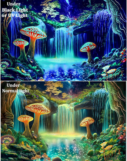Ameyahud Blacklight Fantasy Forest Tapestry UV Reactive Waterfall Tapestries Starry Sky Tapestry