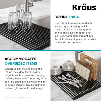 Kraus Roll Up Dish Drying Rack with Self-Draining Silicone Dish Drying Mat and Silicone Soap Dish