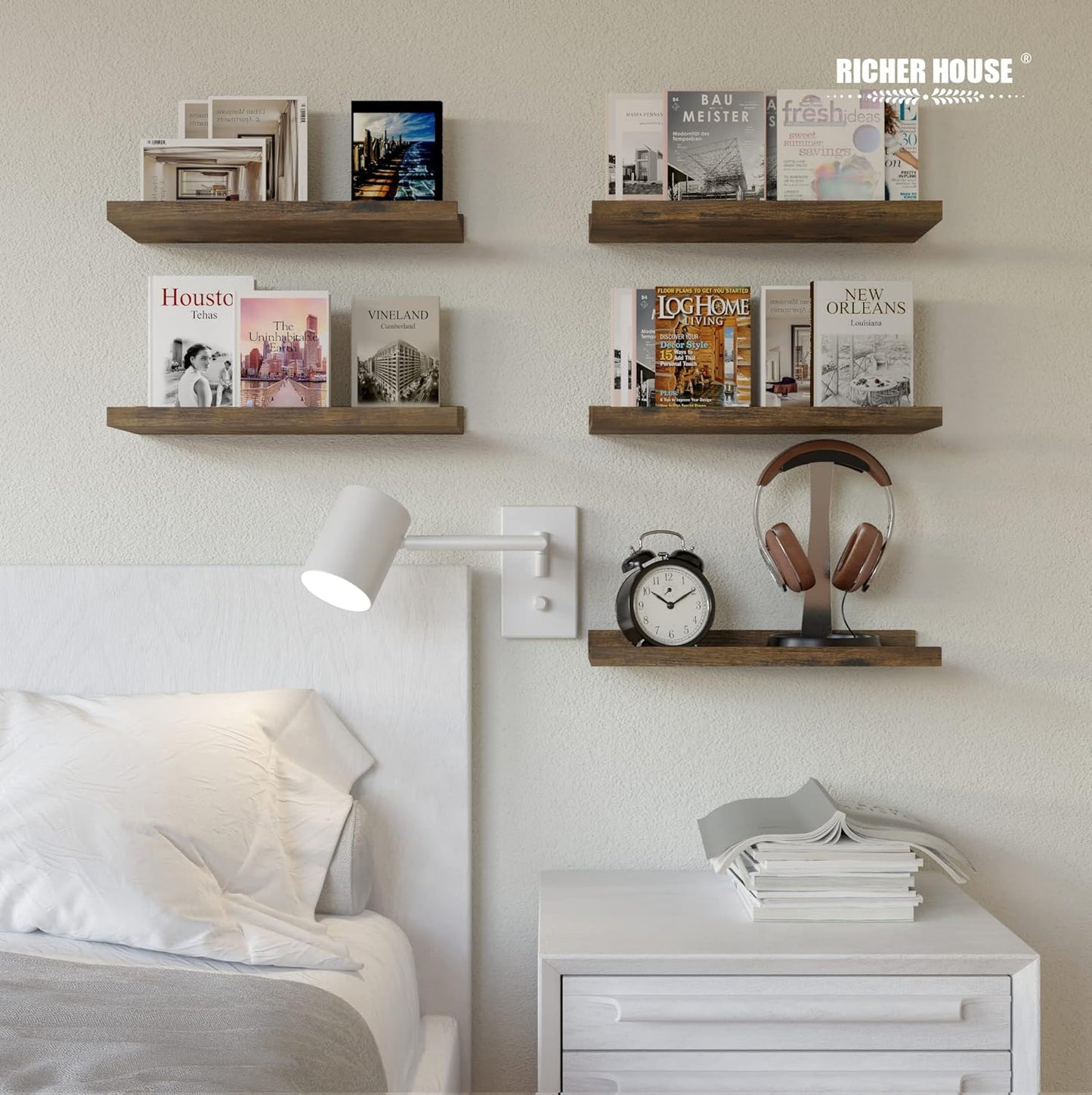 RICHER HOUSE 5 Set Floating Shelves for Wall Decor, Wall Mounted Book Shelf, Nursery Shelves