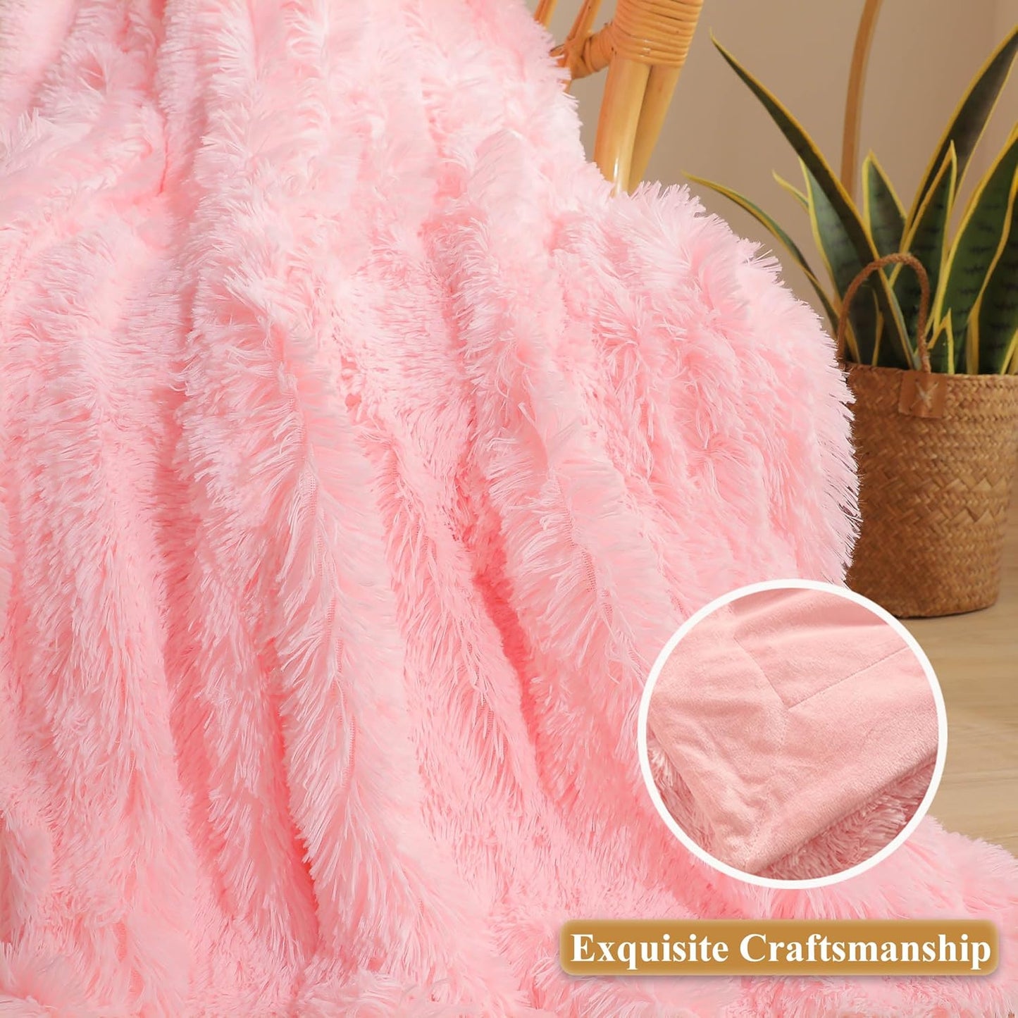 XeGe Luxury Faux Fur Blanket, Pink Soft Big Fluffy Throw, Shaggy Plush Decorative Cute Girls Furry
